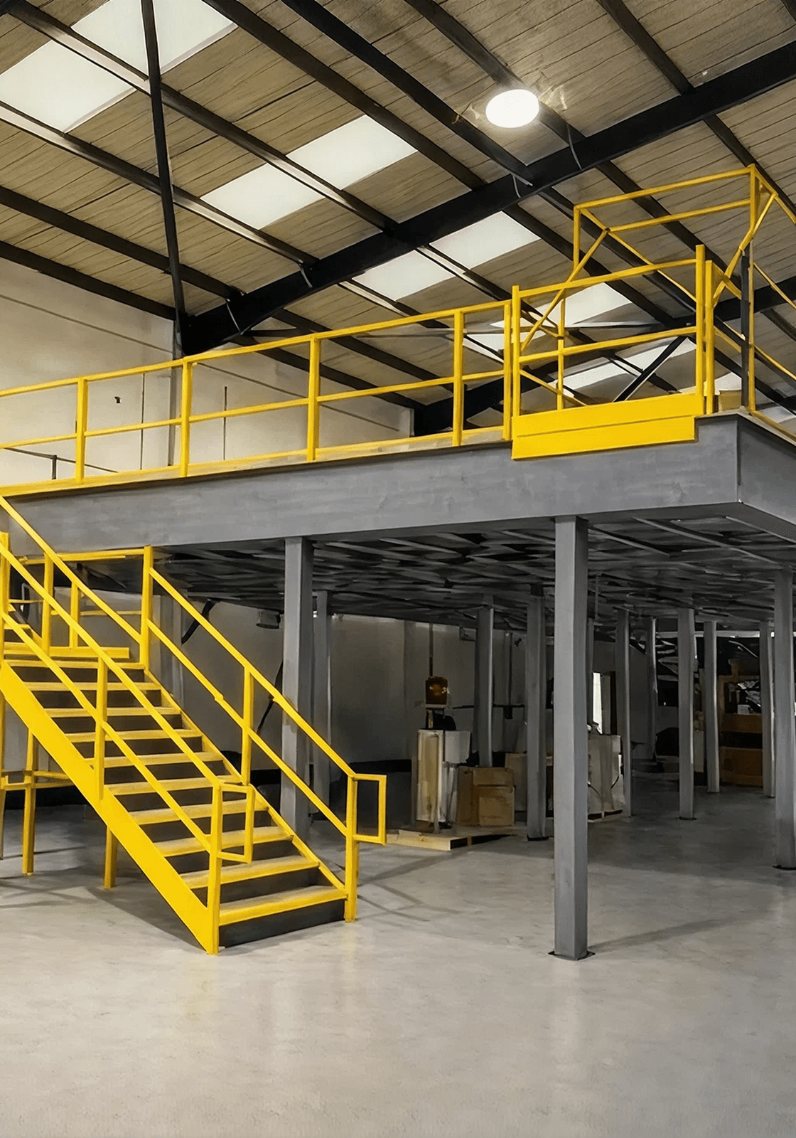 Diagram of a steel mezzanine and staircase inside a pre-engineered metal building