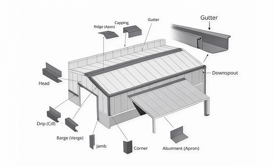 Diagram of gutters and flashing along a steel building eave