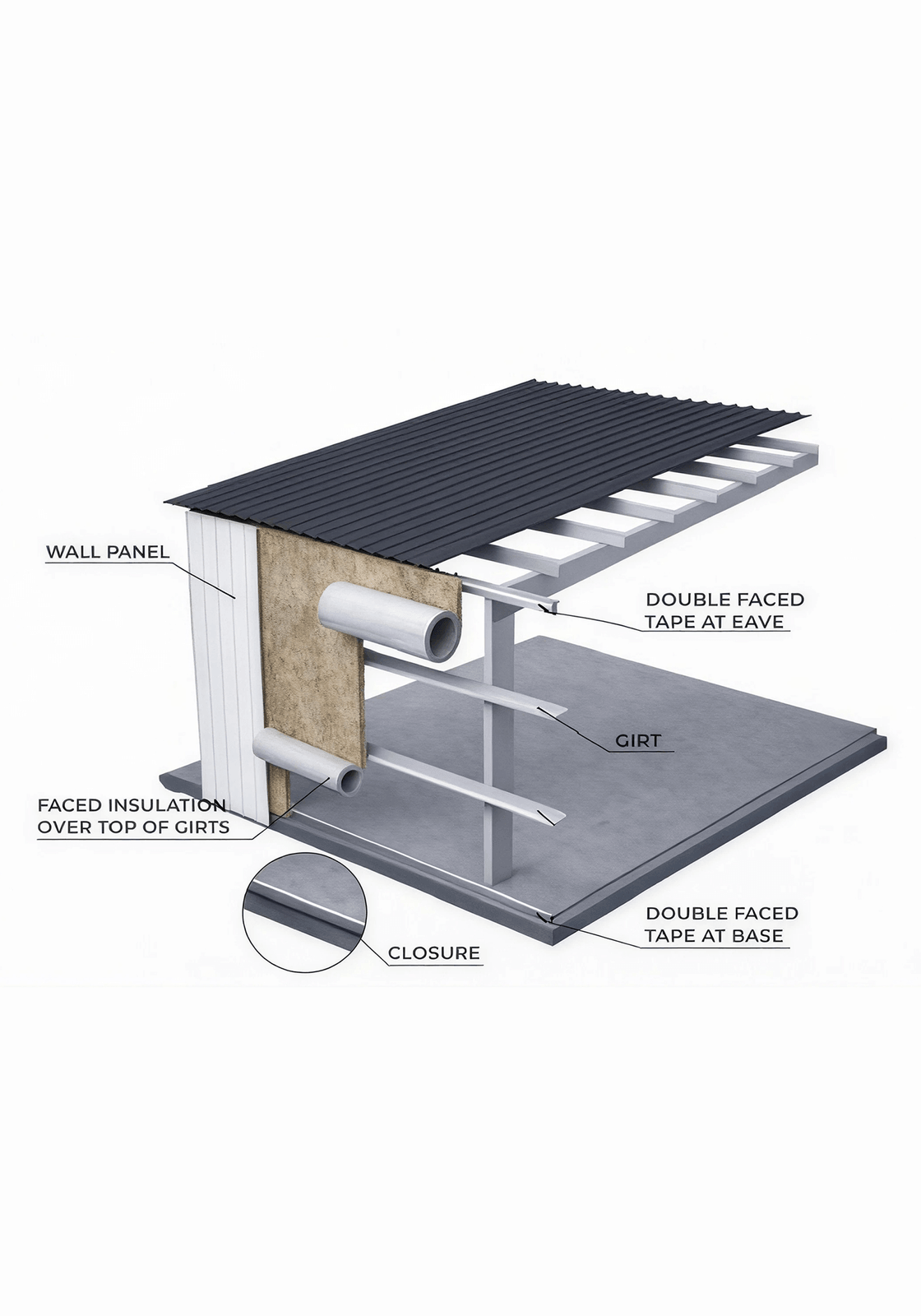Diagram of insulated metal wall panels and pre-finished steel siding