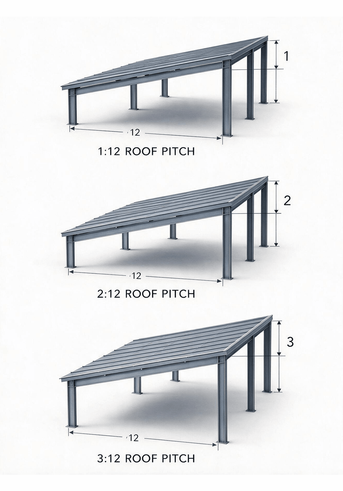 Diagram comparing 1:12, 2:12 and 3:12 metal building roof pitches