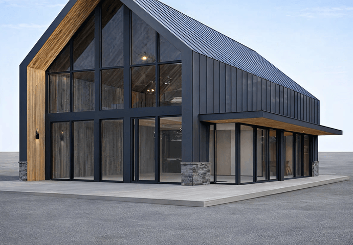 Steel-frame barndominium with an open-plan living space