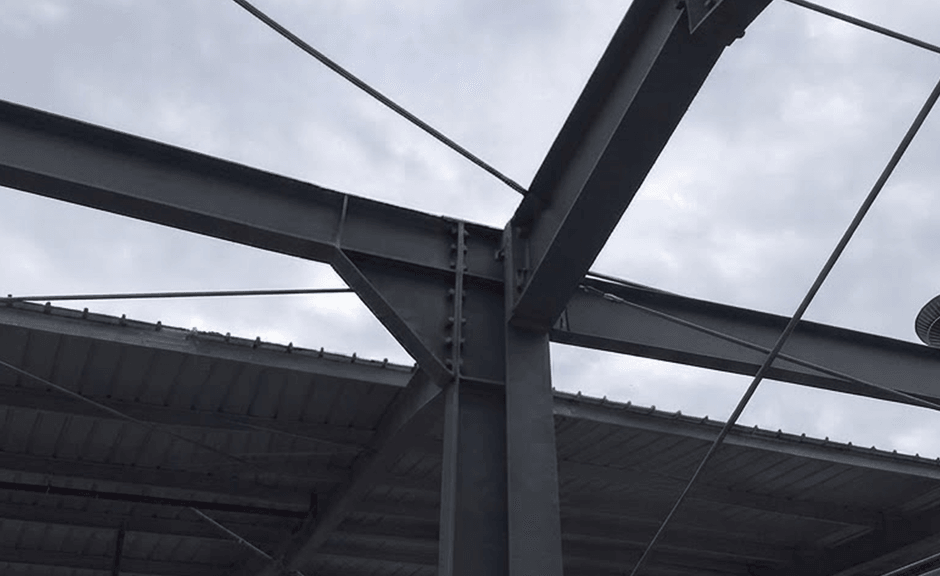 Diagram of primary steel columns and rafters forming a building frame